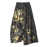 Buddha Stones Cotton Linen Golden Lotus Pattern Women's Elastic Waist Wide Leg Pants With Pockets