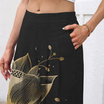 Buddha Stones Cotton Linen Golden Lotus Pattern Women's Elastic Waist Wide Leg Pants With Pockets