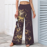Buddha Stones Cotton Linen Golden Lotus Pattern Women's Elastic Waist Wide Leg Pants With Pockets