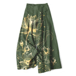 Buddha Stones Cotton Linen Golden Lotus Pattern Women's Elastic Waist Wide Leg Pants With Pockets