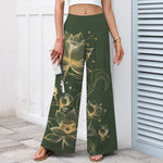 Buddha Stones Cotton Linen Golden Lotus Pattern Women's Elastic Waist Wide Leg Pants With Pockets