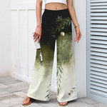 Buddha Stones Cotton Linen Moonlit Bamboo Pattern Women's Elastic Waist Wide Leg Pants With Pockets