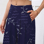 Buddha Stones Cotton Linen Botanical Wave Pattern Women's Elastic Waist Wide Leg Pants With Pockets
