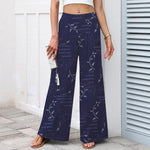 Buddha Stones Cotton Linen Botanical Wave Pattern Women's Elastic Waist Wide Leg Pants With Pockets