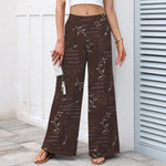 Buddha Stones Cotton Linen Botanical Wave Pattern Women's Elastic Waist Wide Leg Pants With Pockets