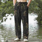 Buddha Stones Cotton Golden Koi Fish Floral Pattern Men's Tapered Pants With Pockets