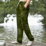 Buddha Stones Cotton Golden Koi Fish Floral Pattern Men's Tapered Pants With Pockets