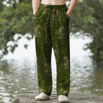 Buddha Stones Cotton Golden Koi Fish Floral Pattern Men's Tapered Pants With Pockets