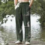 Buddha Stones Cotton White Flying Crane Pattern Men's Tapered Pants With Pockets