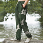 Buddha Stones Cotton White Flying Crane Pattern Men's Tapered Pants With Pockets