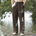 Buddha Stones Cotton White Flying Crane Pattern Men's Tapered Pants With Pockets