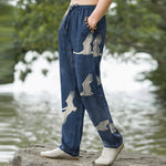 Buddha Stones Cotton White Flying Crane Pattern Men's Tapered Pants With Pockets
