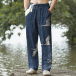 Buddha Stones Cotton White Flying Crane Pattern Men's Tapered Pants With Pockets