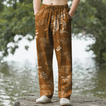 Buddha Stones Cotton Crane Cloud Floral Pattern Men's Tapered Pants With Pockets