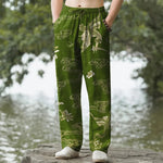 Buddha Stones Cotton Crane Cloud Floral Pattern Men's Tapered Pants With Pockets