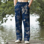Buddha Stones Cotton Crane Cloud Floral Pattern Men's Tapered Pants With Pockets