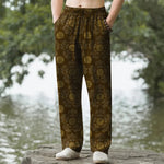 Buddha Stones Cotton Auspicious Round Badge Floral Pattern Men's Tapered Pants With Pockets