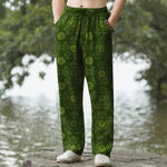 Buddha Stones Cotton Auspicious Round Badge Floral Pattern Men's Tapered Pants With Pockets