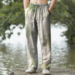 Buddha Stones Cotton Washed Bamboo Pattern Men's Tapered Pants With Pockets