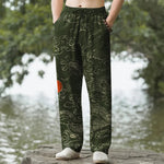 Buddha Stones Cotton Flying Dragon Chasing The Sun Pattern Men's Tapered Pants With Pockets