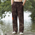 Buddha Stones Cotton Flying Dragon Chasing The Sun Pattern Men's Tapered Pants With Pockets