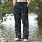 Buddha Stones Cotton Flying Dragon Chasing The Sun Pattern Men's Tapered Pants With Pockets