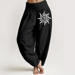 Buddha Stones Pure Cotton Sun Om Pattern Women's Elastic Waist Harem Pants
