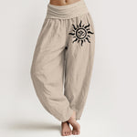 Buddha Stones Pure Cotton Sun Om Pattern Women's Elastic Waist Harem Pants