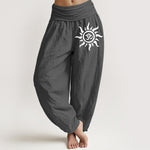 Buddha Stones Pure Cotton Sun Om Pattern Women's Elastic Waist Harem Pants