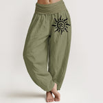 Buddha Stones Pure Cotton Sun Om Pattern Women's Elastic Waist Harem Pants