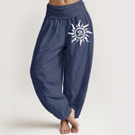 Buddha Stones Pure Cotton Sun Om Pattern Women's Elastic Waist Harem Pants