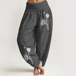 Buddha Stones Pure Cotton Botanical Pattern Women's Elastic Waist Harem Pants