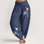 Buddha Stones Pure Cotton Botanical Pattern Women's Elastic Waist Harem Pants