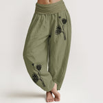 Buddha Stones Pure Cotton Botanical Pattern Women's Elastic Waist Harem Pants