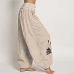 Buddha Stones Pure Cotton Botanical Pattern Women's Elastic Waist Harem Pants