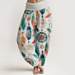 Buddha Stones Pure Cotton Dreamcatcher Feather Pattern Women's Elastic Waist Harem Pants