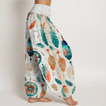 Buddha Stones Pure Cotton Dreamcatcher Feather Pattern Women's Elastic Waist Harem Pants