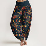 Buddha Stones Cotton Mystic Eye Moon Pattern Women's Elastic Waist Harem Pants