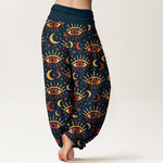 Buddha Stones Cotton Mystic Eye Moon Pattern Women's Elastic Waist Harem Pants