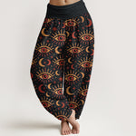 Buddha Stones Cotton Mystic Eye Moon Pattern Women's Elastic Waist Harem Pants