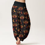 Buddha Stones Cotton Mystic Eye Moon Pattern Women's Elastic Waist Harem Pants