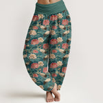 Buddha Stones Cotton Lotus Crane Pattern Women's Elastic Waist Harem Pants