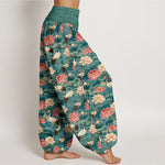 Buddha Stones Cotton Lotus Crane Pattern Women's Elastic Waist Harem Pants