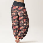 Buddha Stones Cotton Lotus Crane Pattern Women's Elastic Waist Harem Pants