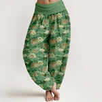 Buddha Stones Cotton Lotus Crane Pattern Women's Elastic Waist Harem Pants