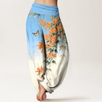 Buddha Stones Cotton Orange Floral Butterfly Pattern Women's Elastic Waist Harem Pants