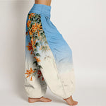 Buddha Stones Cotton Orange Floral Butterfly Pattern Women's Elastic Waist Harem Pants
