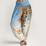 Buddha Stones Cotton Orange Floral Butterfly Pattern Women's Elastic Waist Harem Pants