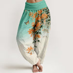 Buddha Stones Cotton Orange Floral Butterfly Pattern Women's Elastic Waist Harem Pants