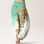 Buddha Stones Cotton Orange Floral Butterfly Pattern Women's Elastic Waist Harem Pants
